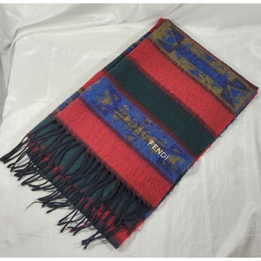 Fendi Wool Southwestern Aztec Print Rectangular Scarf w/ Fringe - 20" x 68"